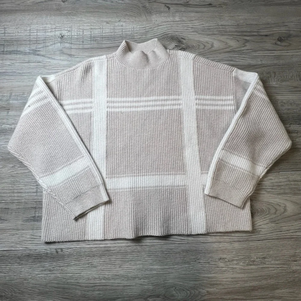 Ann Taylor Sweater Womens XL Beige Windowpane Plaid Mock Neck‎ Ribbed Pullover